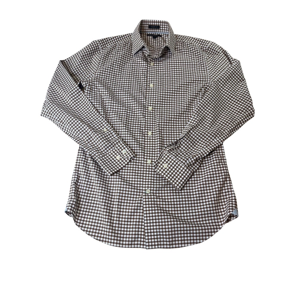 Banana Republic Grant Fit Shirt Mens Small Brown Gingham Non-Iron Cotton Stretch